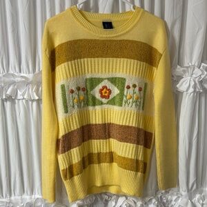 Yellow Striped Sweater with Floral Design